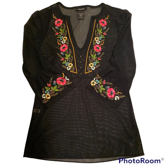 EXPRESS BLACK MESH EMBROIDERED TUNIC TOP SHIRT ⭐️⭐️⭐️⭐️⭐️ - Picture 6 of 14